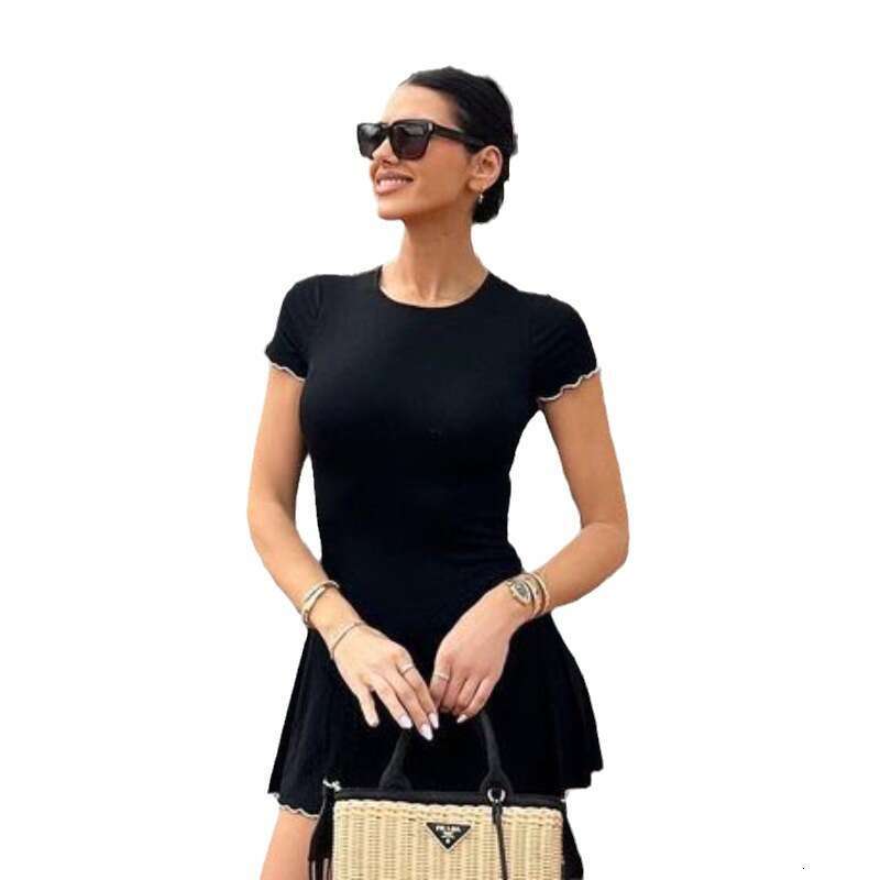 Autumn New Women's Fashion Color-Block Wave Edge Round Neck Short Sleeve Mini Bodycon Dress B5