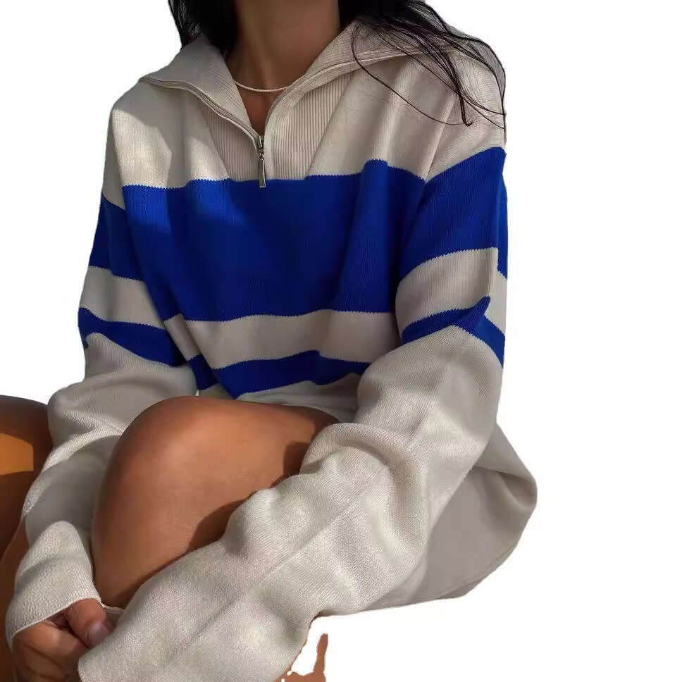 Ins Style Zipper Pullover Sweater Women, Loose Soft Knitted Long Sleeve Dress, Color Block Patchwork Top For Women B5