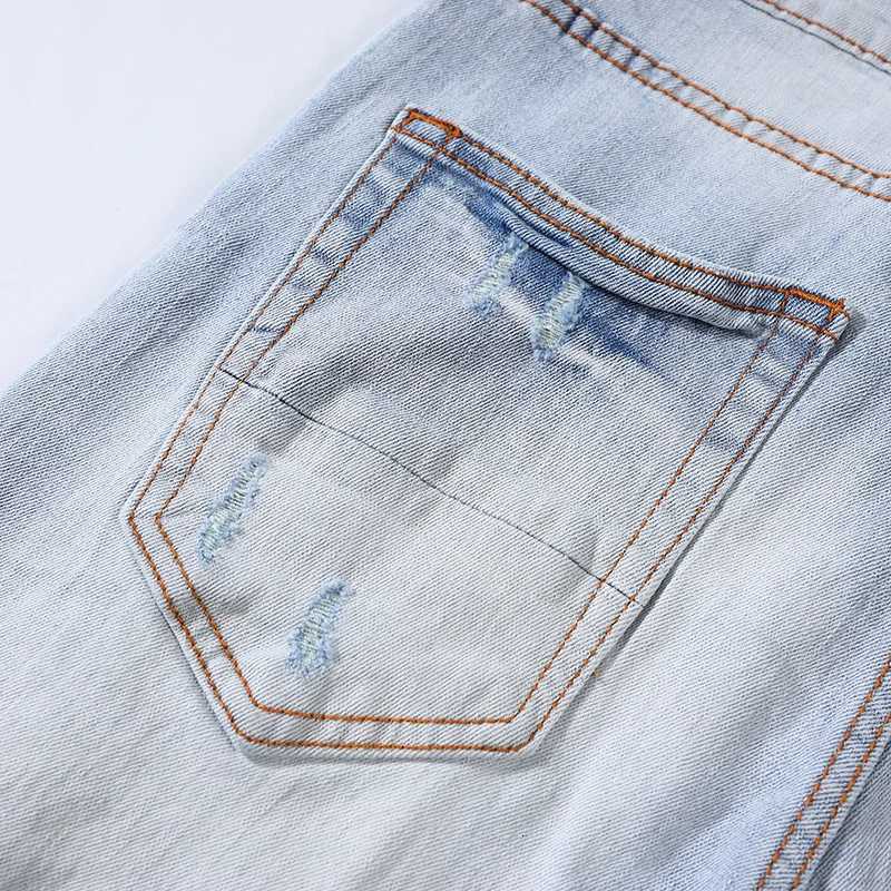 Fashionable with stretch slim fit perforated blue patch washed light blue jeans high street hip-hop brand designer X250718