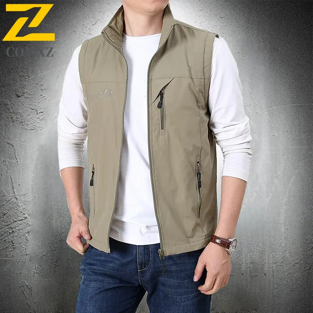 Summer Thin Vest Jacket Men Outdoor Casual Clothes Lightweight Short Sleeve Vests Men Stand Collar Male Trekking Coat Traveling 250717