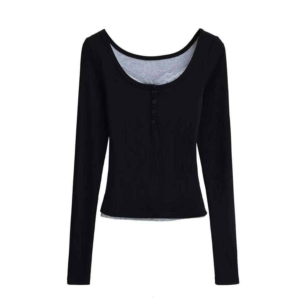 Fake Two-Piece Long Sleeve T-Shirt For Women Autumn Hot Girl Pure Desire Slim Lace Design Base Shirt Inner Wear Top B5