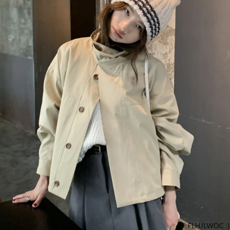 Korea Short Outerwear Woman Casual Loose Lazy Chic Long Sleeve Cotton Blends Windbreaker Coats Thin Thench 250715