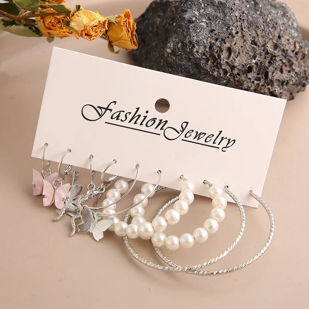 Fashion Big Silver Color Round Circle Pearl Hoop Earrings for Women Girls Snake Butterfly Dangle Earring Set Female Y2K Jewelry 250717