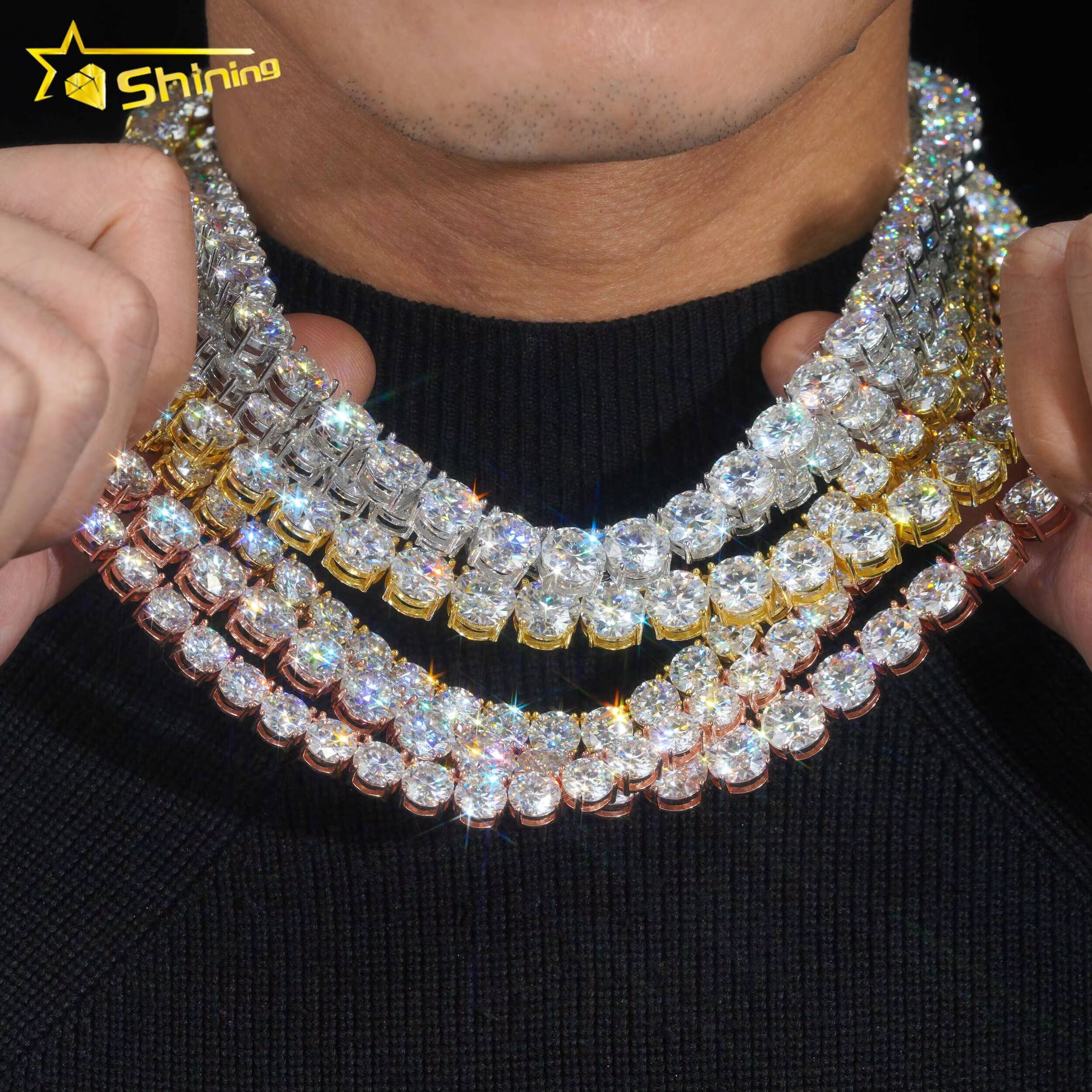 New Stock 8mm 10mm Big Hip Hop Necklace Luxury Bling 925 Silver Gold Plated Claw Set Lab Diamond Moissanite Tennis Chain