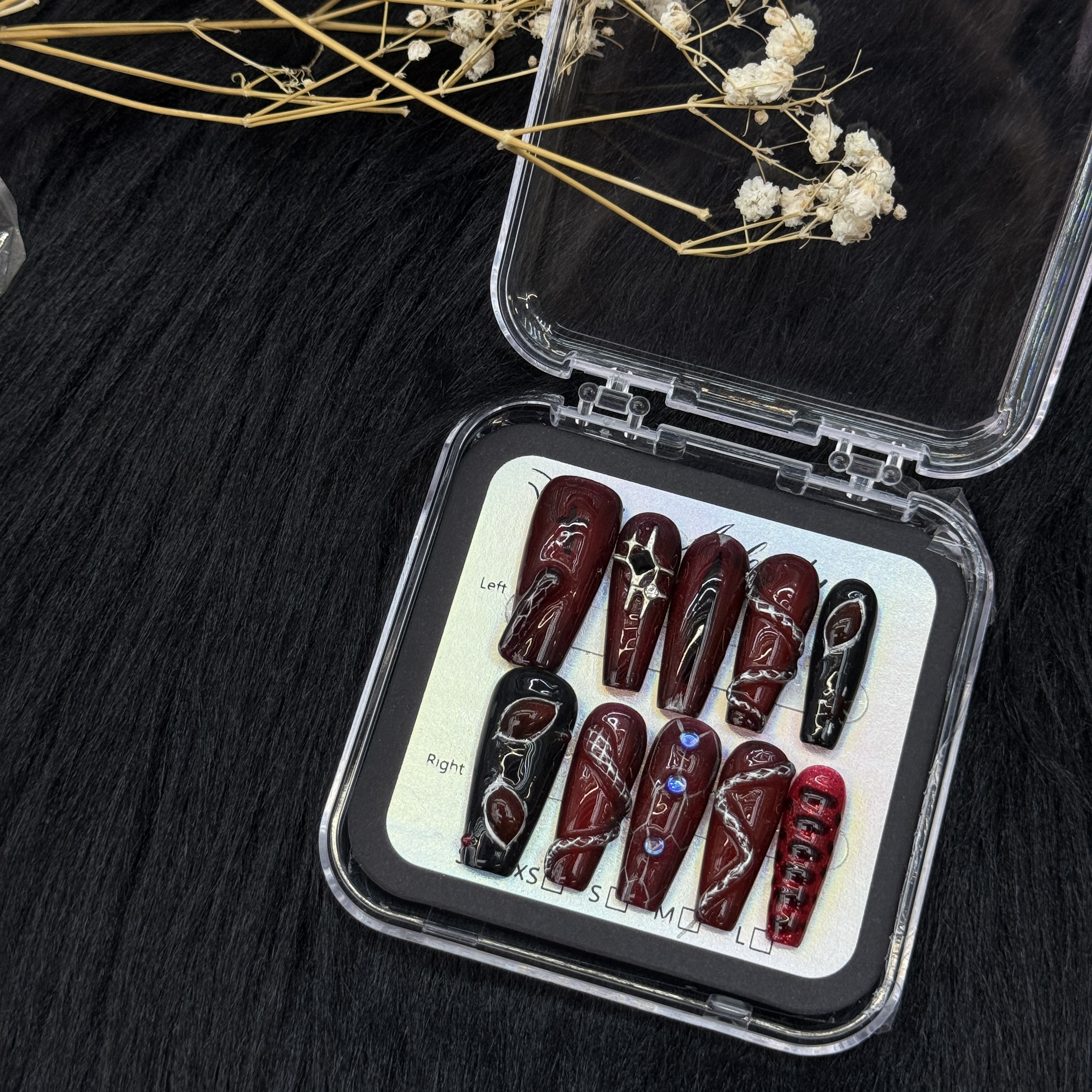 False Nails 10pcs Long Coffin Dark Red Black Gradient Punk Gothic Nail Art with Chain Lines Rhinestones Full Cover Press On DIY Handmade press on nail