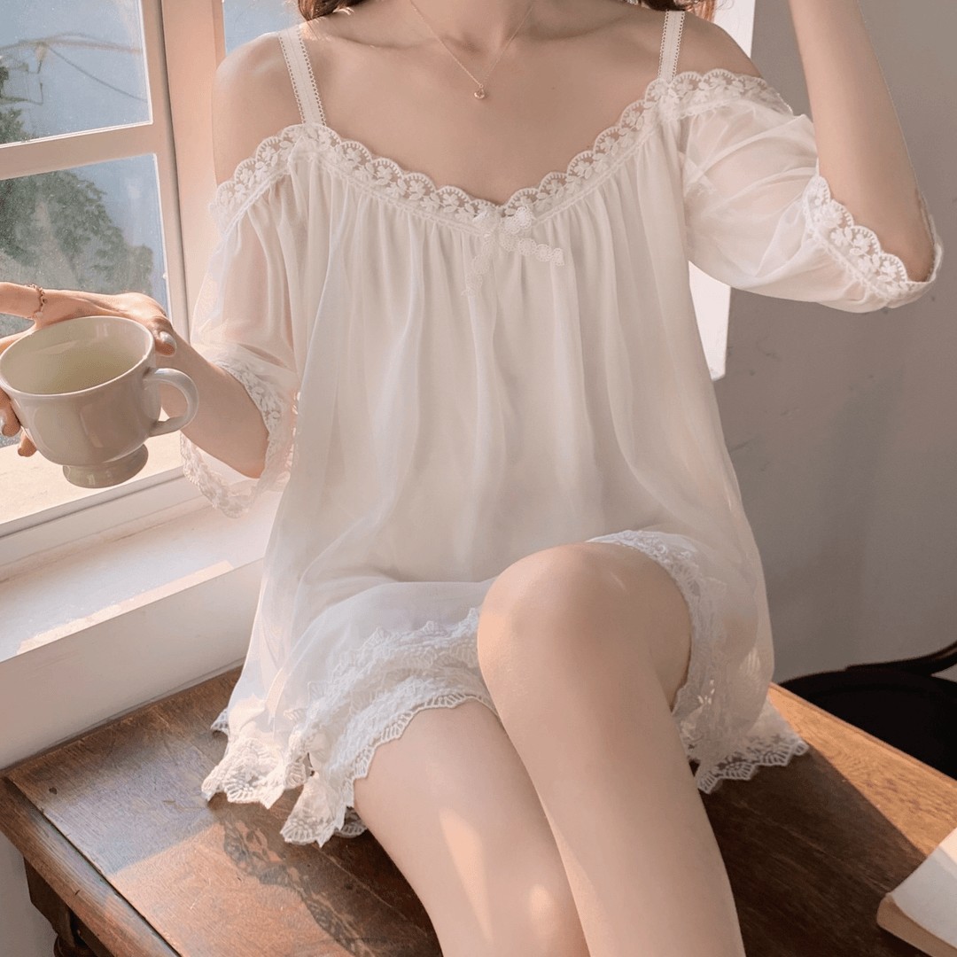 B975-One-shoulder mesh pajamas set chest pad home clothes thin women's pure desire mesh princess style spring and summer