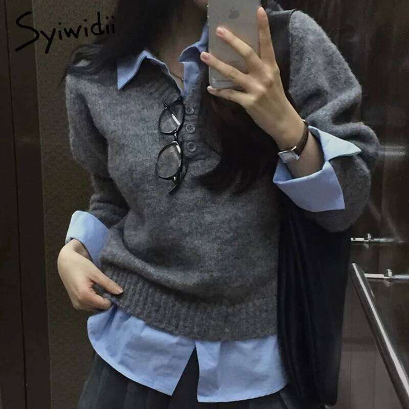 Syiwidii Simple Fake Two-Piece Knitted Women Pullover Fashion Lapel Long Sleeve Sweater 2025 Early Spring New Chic Female Tops MDNG