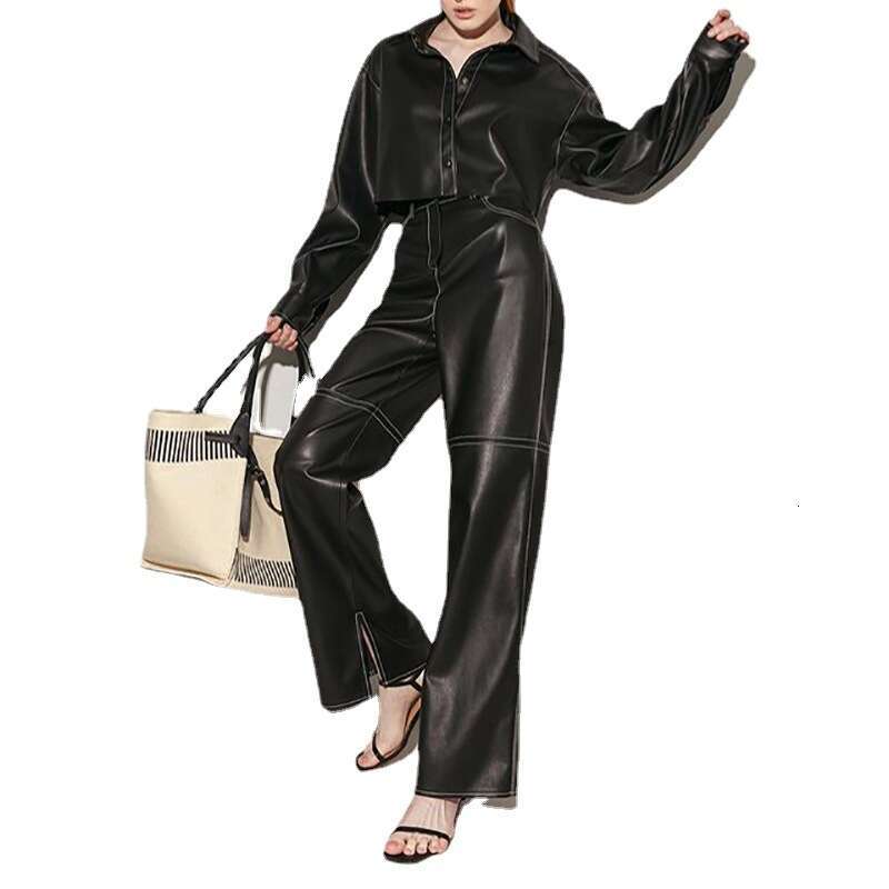 Autumn New Women's PU Leather High Waist Patchwork Slimming Straight Casual Long Pants Cool And Stylish B5