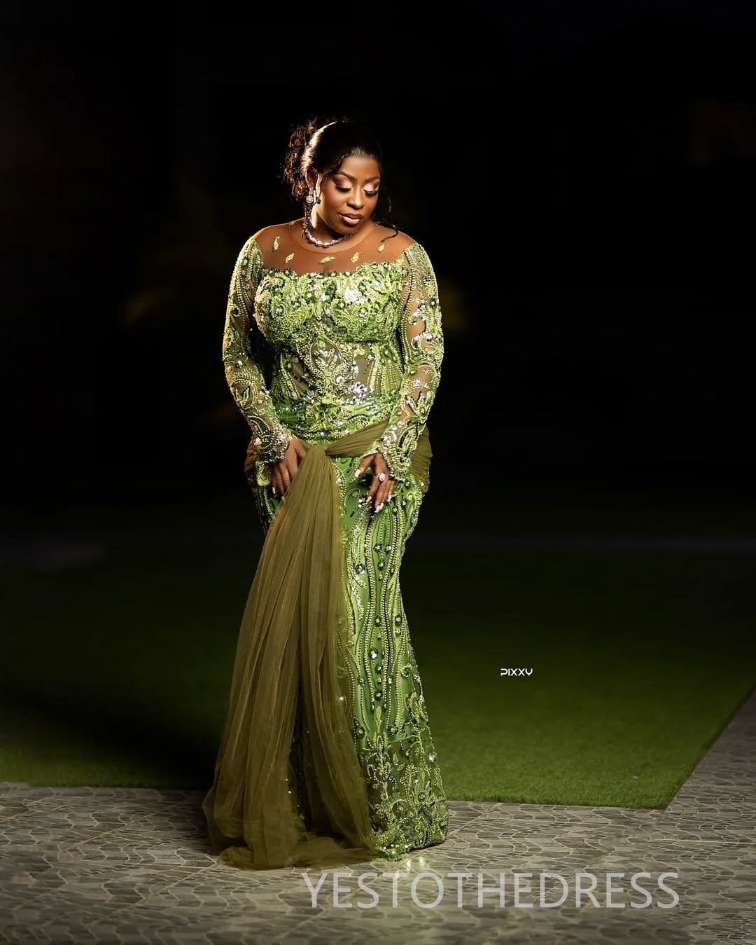 2025 Plus Size Green Aso Ebi Prom Dress Mermaid Prom Dresess Evening Formal Gowns Sheer Neck Beaded Lace Birthday Second Reception Gown For Black Wome