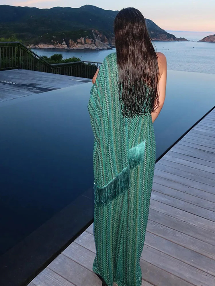 Sequins Tassels Patchwork Blouse Dress Sets Women Skew Collar One-shoulder Sleeve Oversize Pullover Long Dress Suits Knit Summer 250715