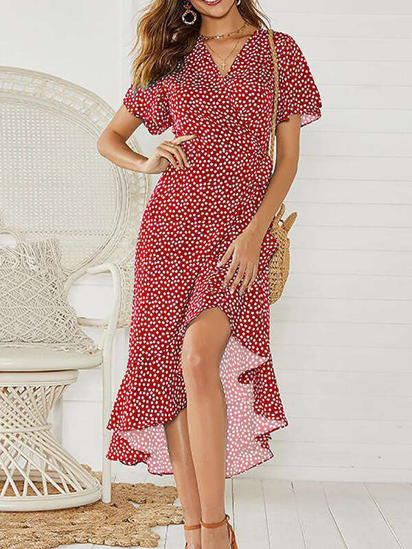 Women's Sexy V-Neck Irregular High-Waist Tie Chiffon Printed Sweet Temperament Dress B5