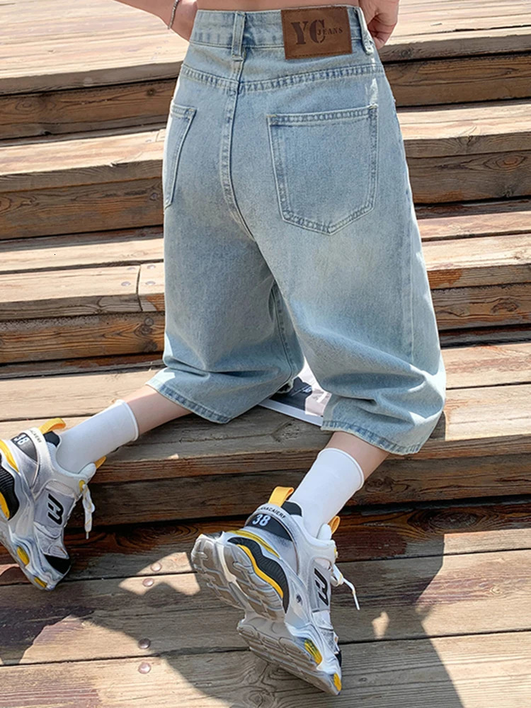 Female Summer American Vintage Baggy Denim Cropped Pants Woman High Waist Washed Wide Leg Jeans Light Blue Loose A Line Shorts 250714