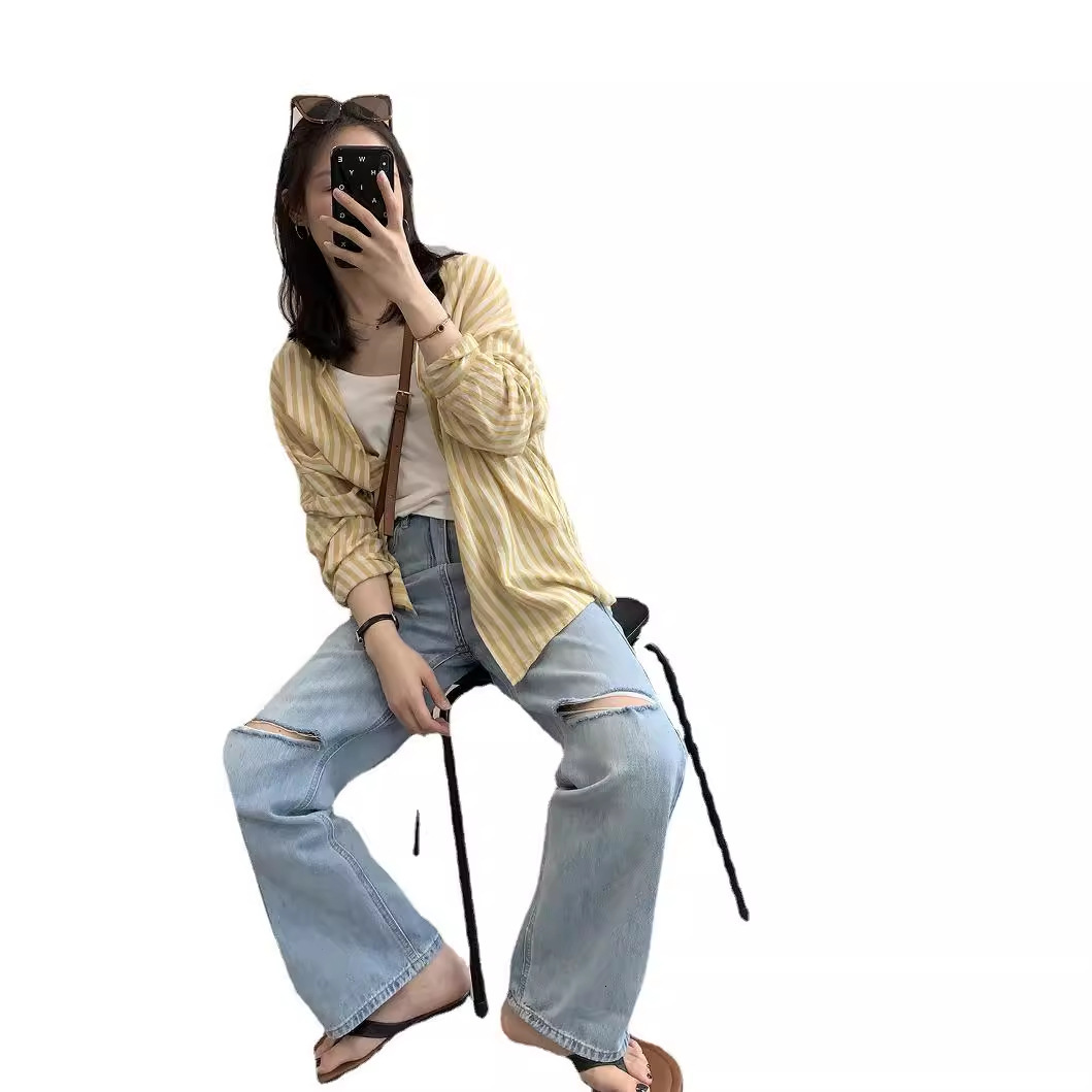 Spring is Not Late~ Lightweight Sun Protection Cotton Linen Breathable Loose Plus Size Jacket 2023 Summer Sunshade Striped Long Sleeve Shirt