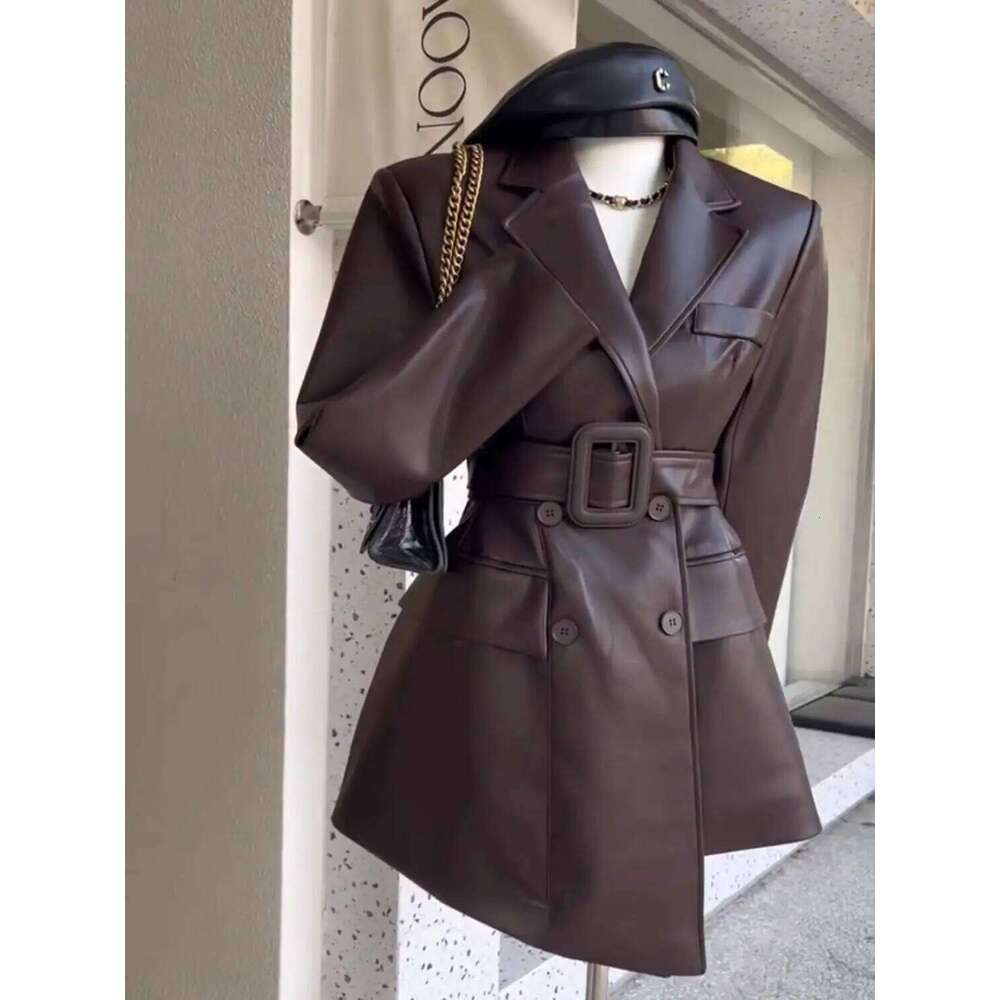 Coffee Color Retro Leather Jacket Clothing Autumn New High End Waist Cinched Slimmimg Mid Length Suit Coat For Women