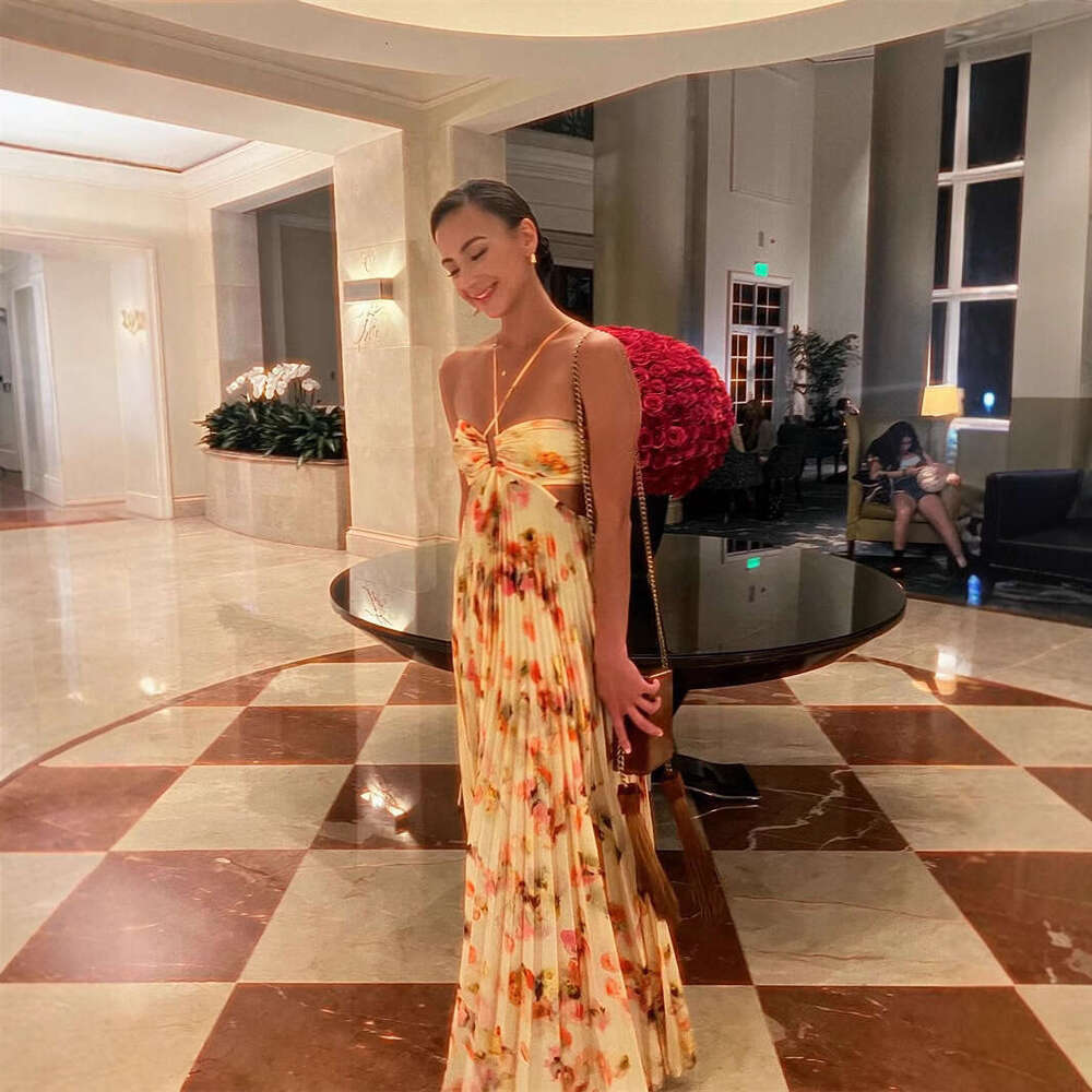 New French Style Printed Halter Spring Summer Ruched Elegant Beach Vacation Strap Long Dress B5