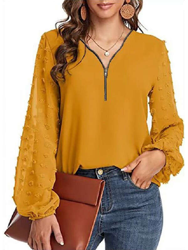 Autumn Women's Pullover V-Neck Zipper Patchwork Long Lantern Sleeve Solid Color Versatile Loose Fit B5