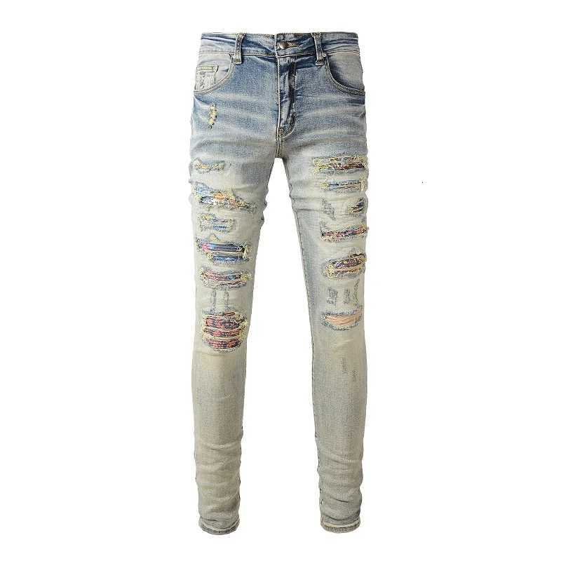 Mens Cracked Patch Biker Jeans Streetwear Patchwork Skinny Tapered Pants Vintage Stretch Denim Ripped Distressed Trousers X2507181