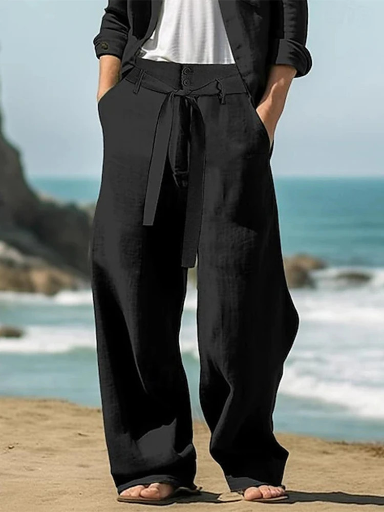 2025 Spring Summer Leisure Breathable Pants Mens Seaside Beach Casual Solid Color Linen Trousers Men Fashion Lace-up Losoe Pants 250715