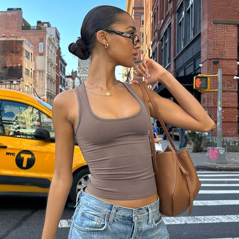 Women's Summer Outer Wear Ribbed High Elastic Racerback Square Round Neck Vest Fitness Yoga Top B5