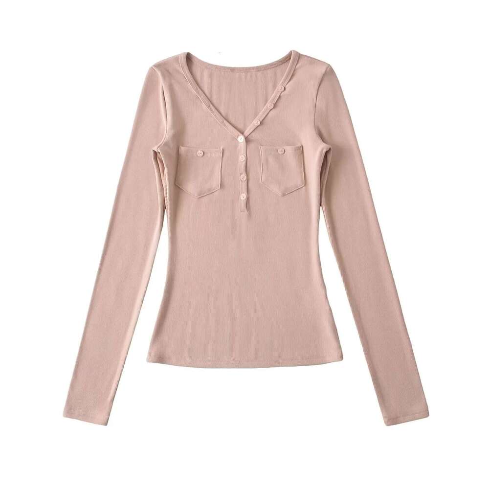 French V-Neck Long Sleeve T-Shirt For Women, Autumn Slim Fit Basic Solid Color Slimming Hot Girl Base Shirt Top Ins B5