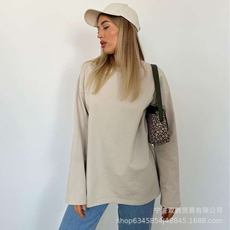Spring And Autumn New Solid Color Long Sleeve T-Shirt Women's Loose Basic Casual Cotton Top 3317B B5