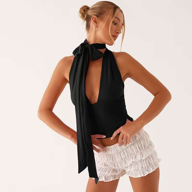 V-Neck Low-Cut Backless High-End Sexy Halter Tie Design Summer Vacation Style B5