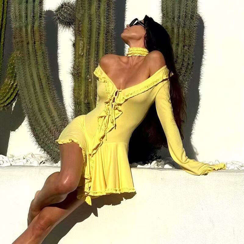 Summer New V-Neck Ruffle Lace V-Hem Flared Sleeve Waist-Cinching Dress B5