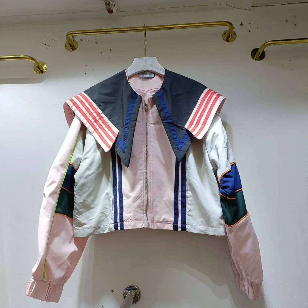 Unique Design Sensibility Color Blocking Navy Cropped Jacket Women Loose-Fit Petite Top For Spring And Autumn