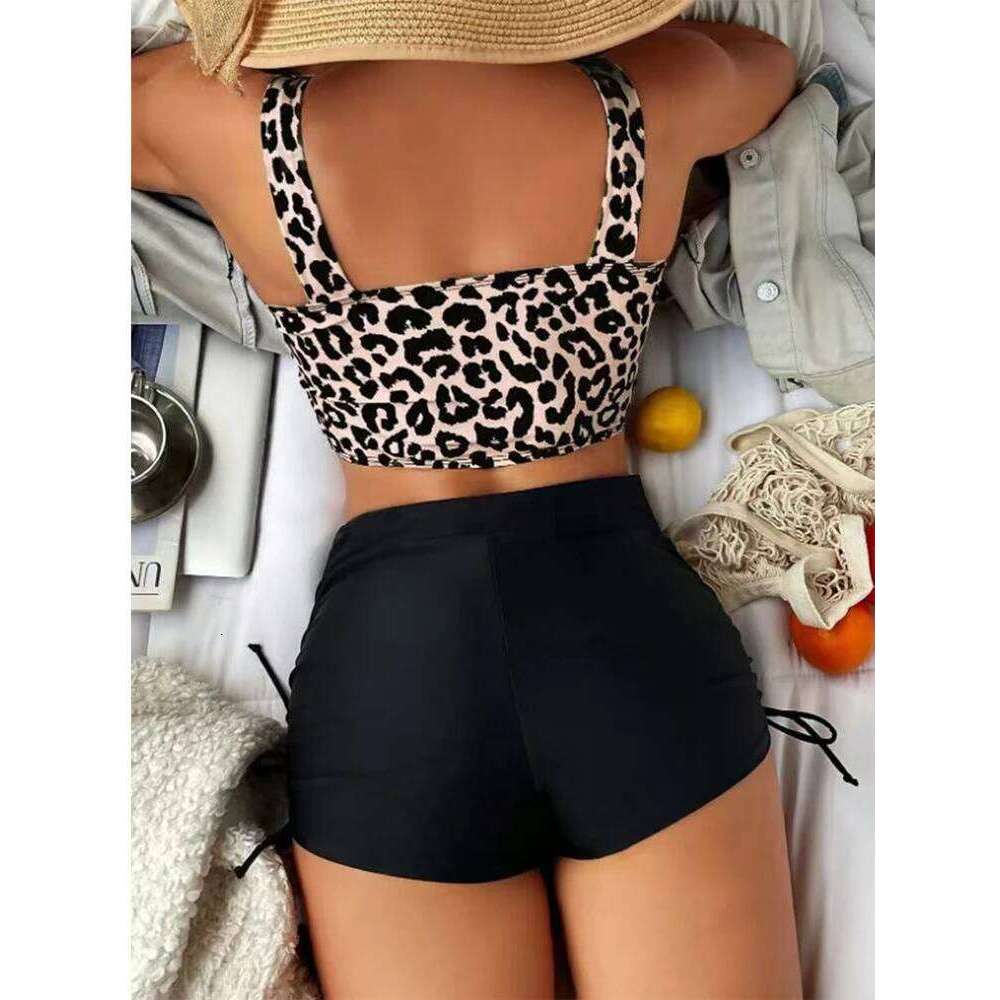 Circyy Cheetah Print Swimwear Women Backless Fashion Bikini Set High Waisted Drawstring Split Swimsuit Summer 2025 New Beachwear
