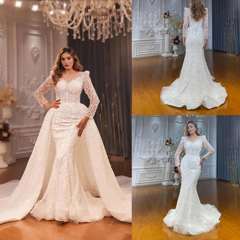 Elegant Mermaid Wedding Dress Sweetheart Neck Long Sleeves Bridal Gowns Sequins Appliques Detachable Train Dresses Custom Made vestidos de novia