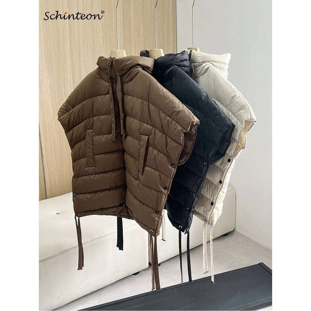 Schinteon Women 90% White Duck Down Irregular Vest With Hood Sleeveless Jacket Solid Fashionable Autumn Winter Top 2025 New MDNG