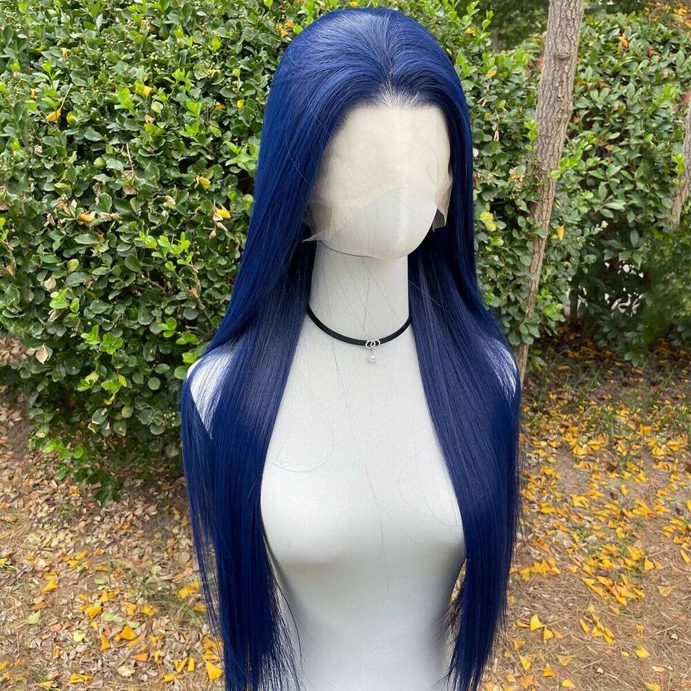 Dark Blue 13X4 Synthetic Front For Women 26 Inch Long Sliky Straight Lace Wigs Half Hand Tied 150% Density Glueless