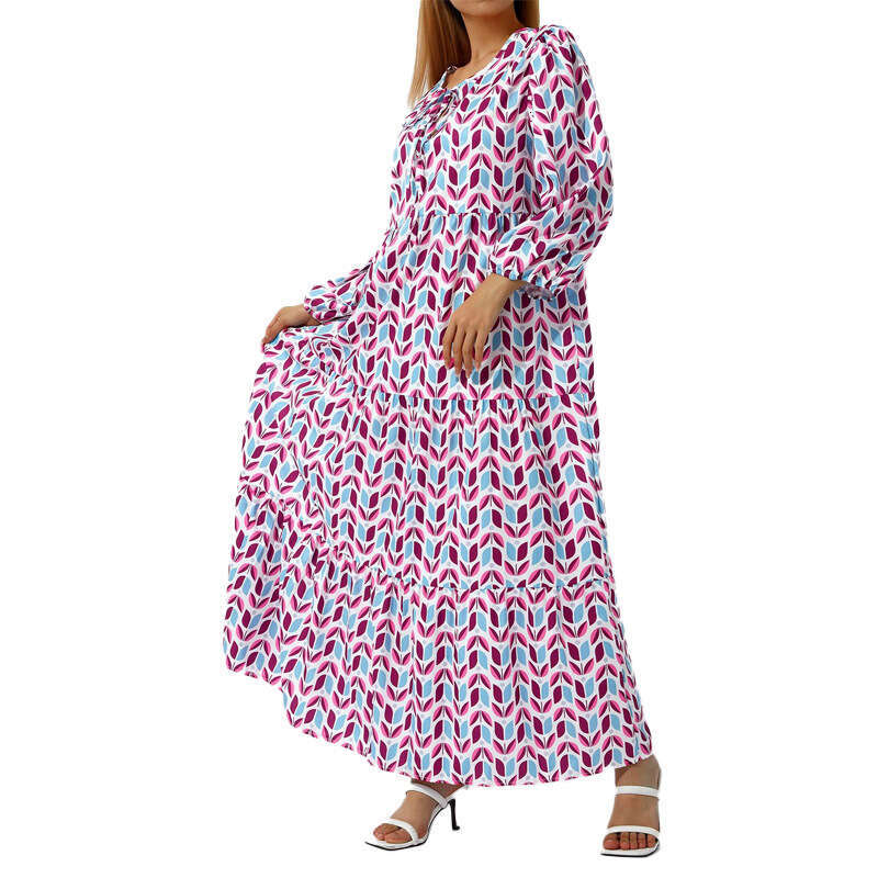 Plus Size Women's Loose Bohemian Round Neck Lantern Sleeve Sweet Girl Dress B5