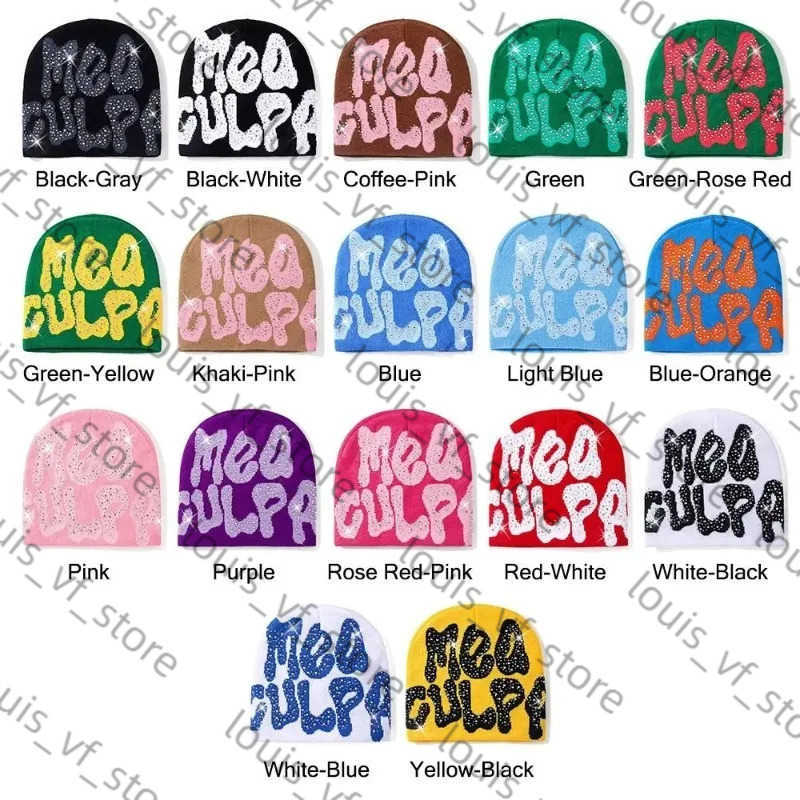 2023 NEW Y2K Culpa Beanies Hat with Rhinestone for Women Men Beanies Hats Hip-hop Soft Stretch Warm Knitted Cap H250718
