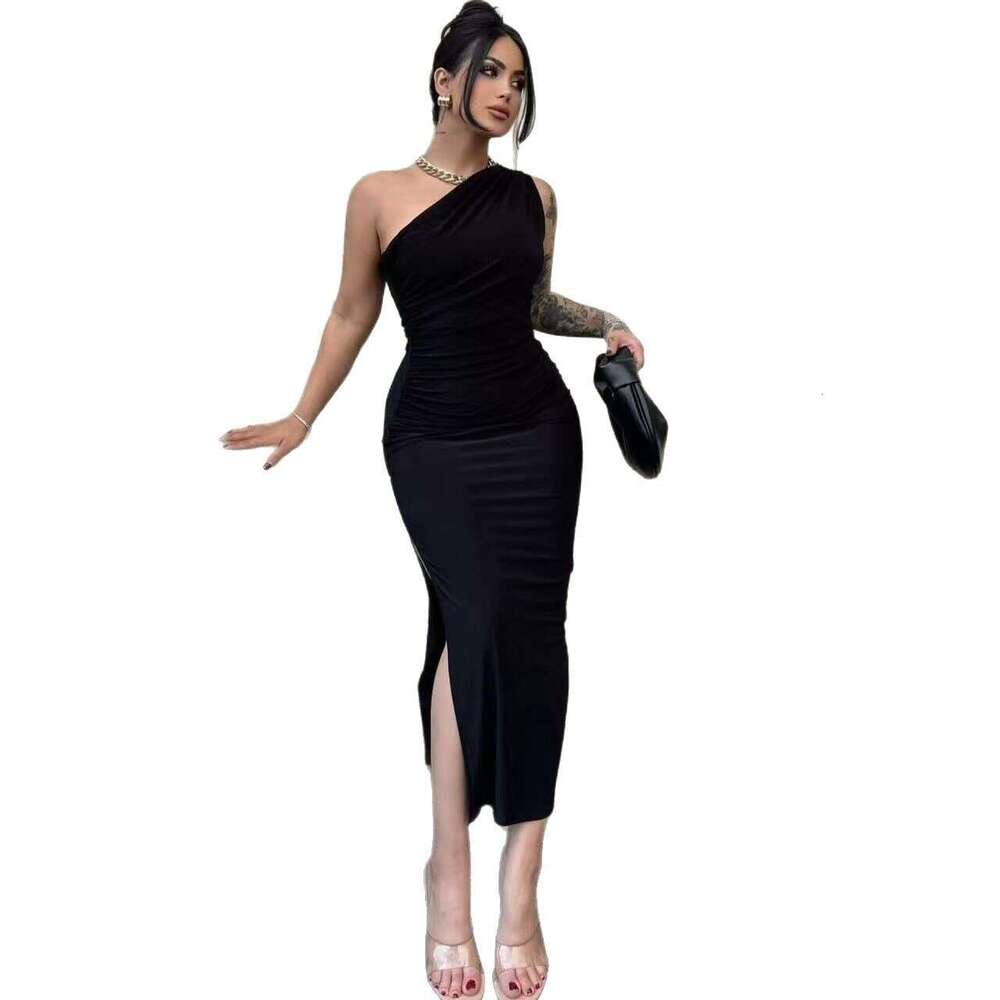 High-End Summer Style Off-Shoulder Slit Ruched Waist Knitted Slim Dress B5 g7