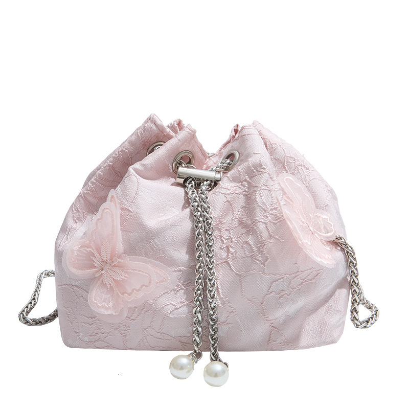Summer new women's shoulder bag new pearl chain tassel bucket bag fashionable and simple shoulder bag women's lace butterfly chain bag new d