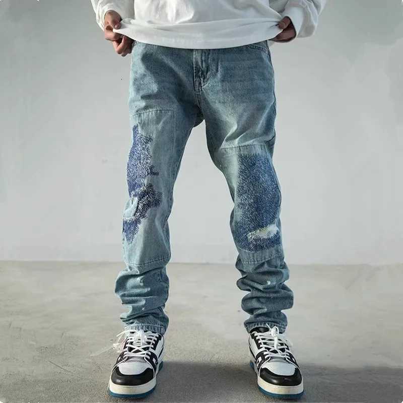 2023 Y2K Streetwear Patch Embroidery Ripped Stacked Jeans Pants Men Clothing Straight Old Hip Hop Denim Trousers Mens Pants X2507181