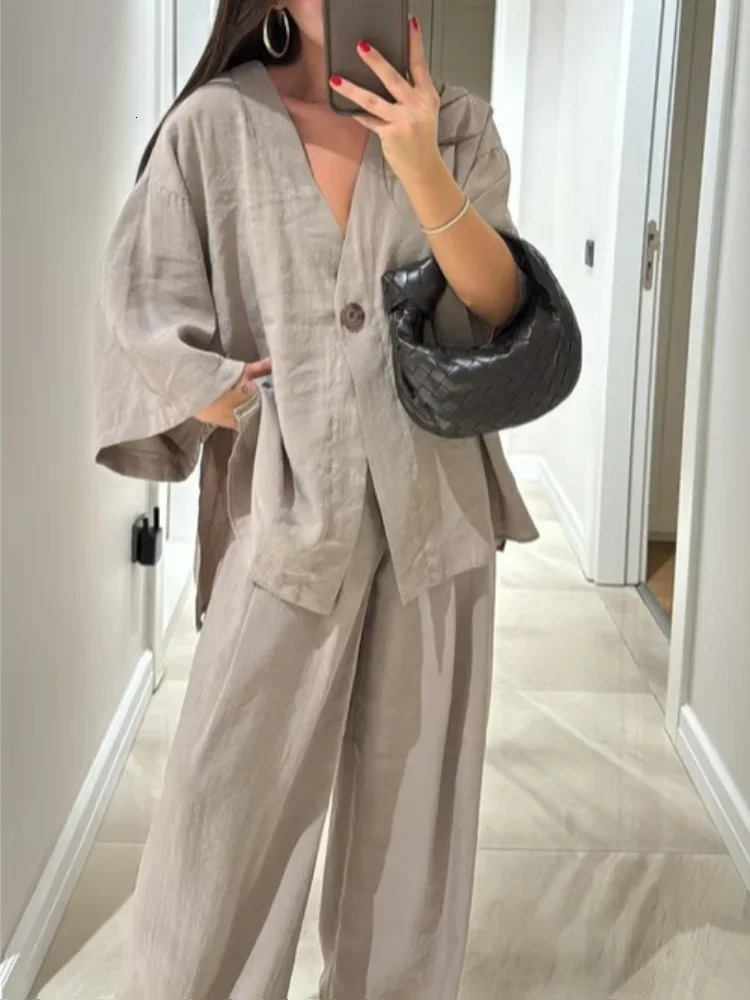 2025 Summer Casual Solid Straight Pants Set Women Chic V Neck High Waist Long Sleeve Flare Top Suits Summer Daily Street Outfits 250715