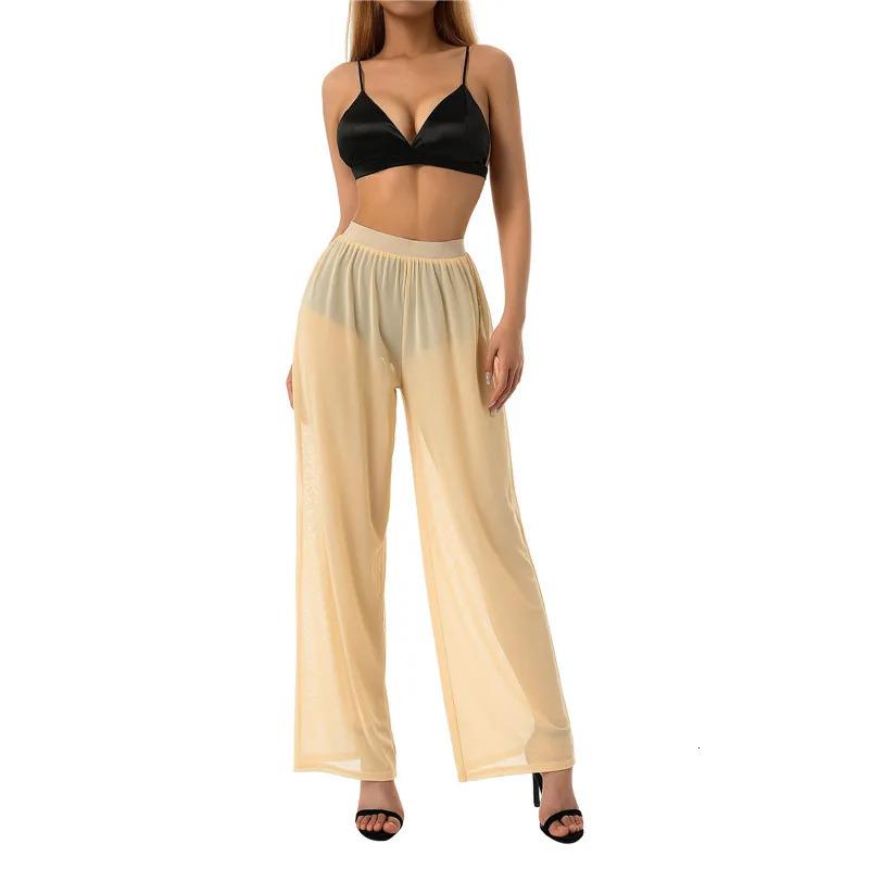 Women See Throug Mesh Cover up Pants Swimsuit Bikini Bottom Elastic Waist Loose Wide Leg Long Palazzo Trousers 250714