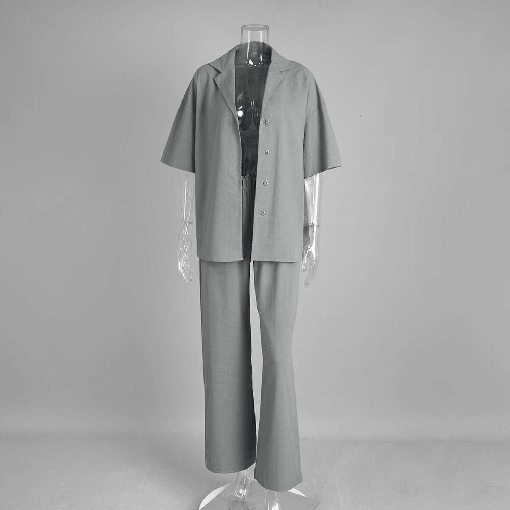 Pure Cotton Spring Summer New Loose Short Sleeve Shirt Long Pants Casual Set B5