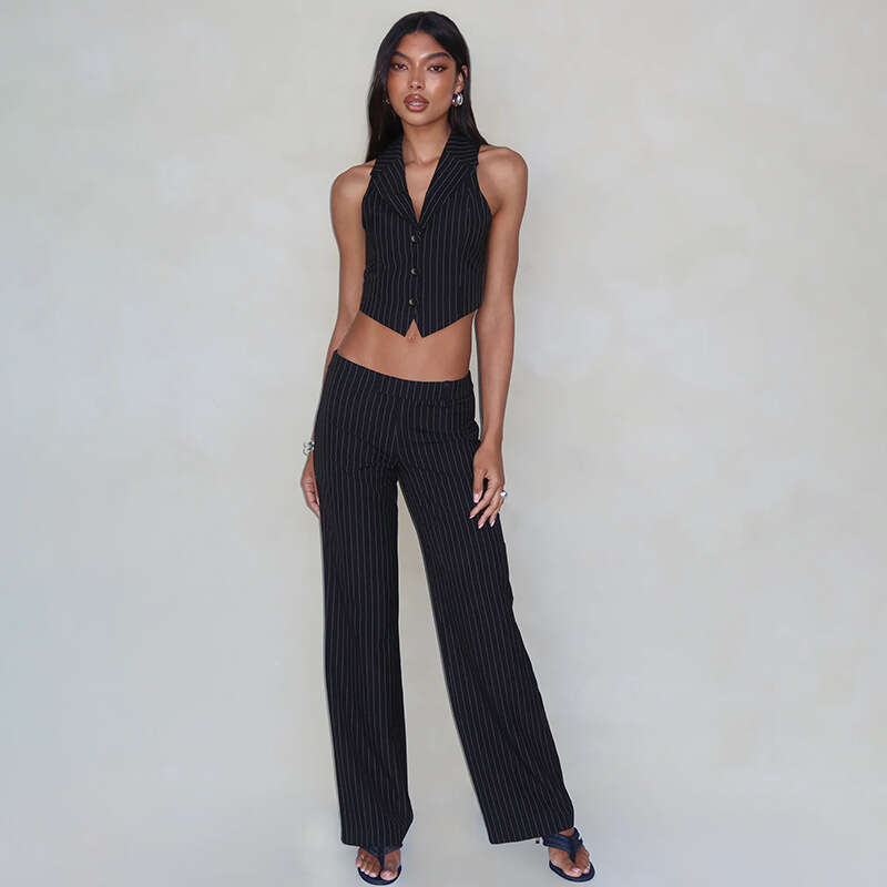 Commuting Style Striped Suit Elegant V-Neck Sleeveless Vest Loose Straight-Leg Pants Two-Piece Set B5 g5