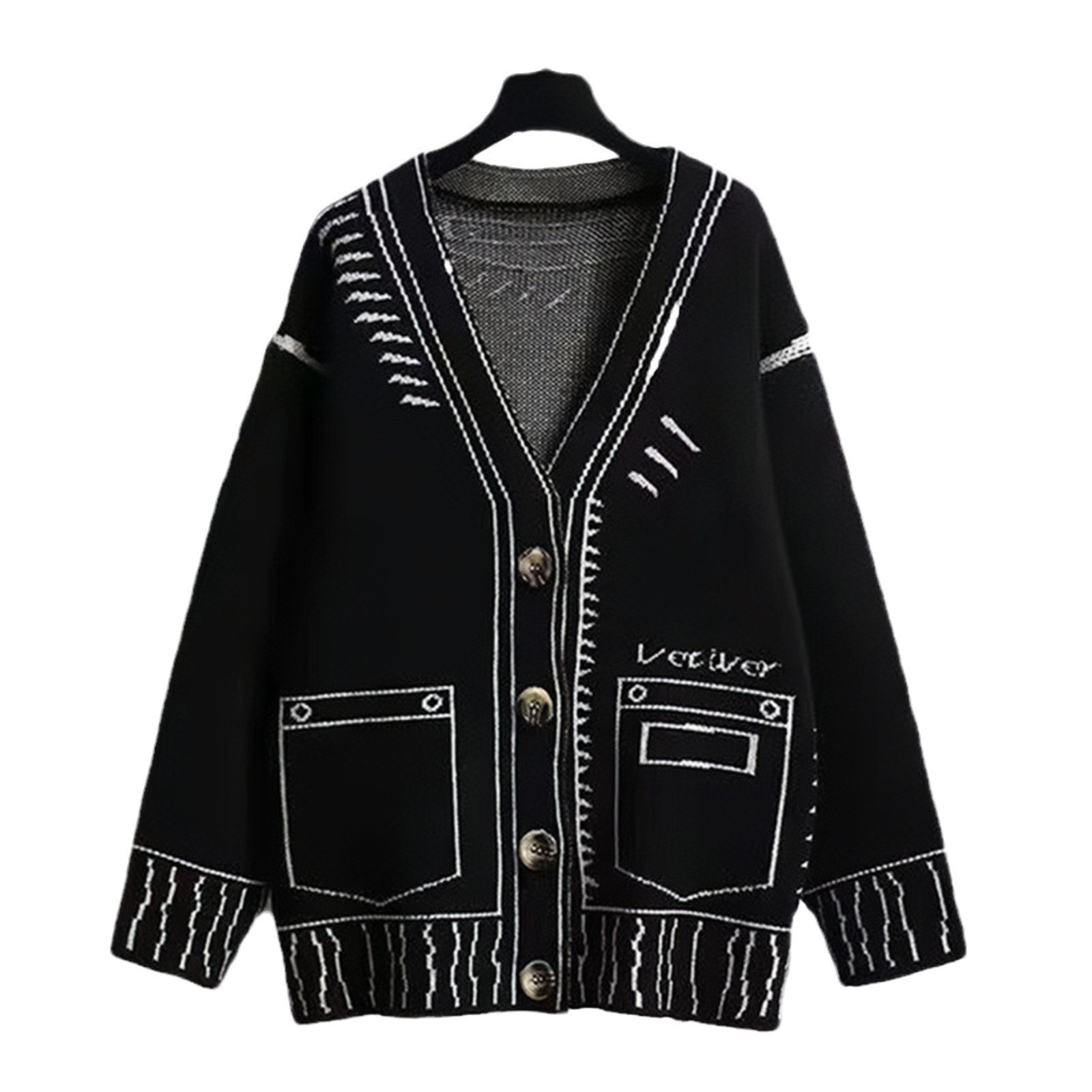 Maoning Autumn Winter Sweater Black and White Oversized Jacquard Loose Lazy Style Knitted Womens Cardigan 250718