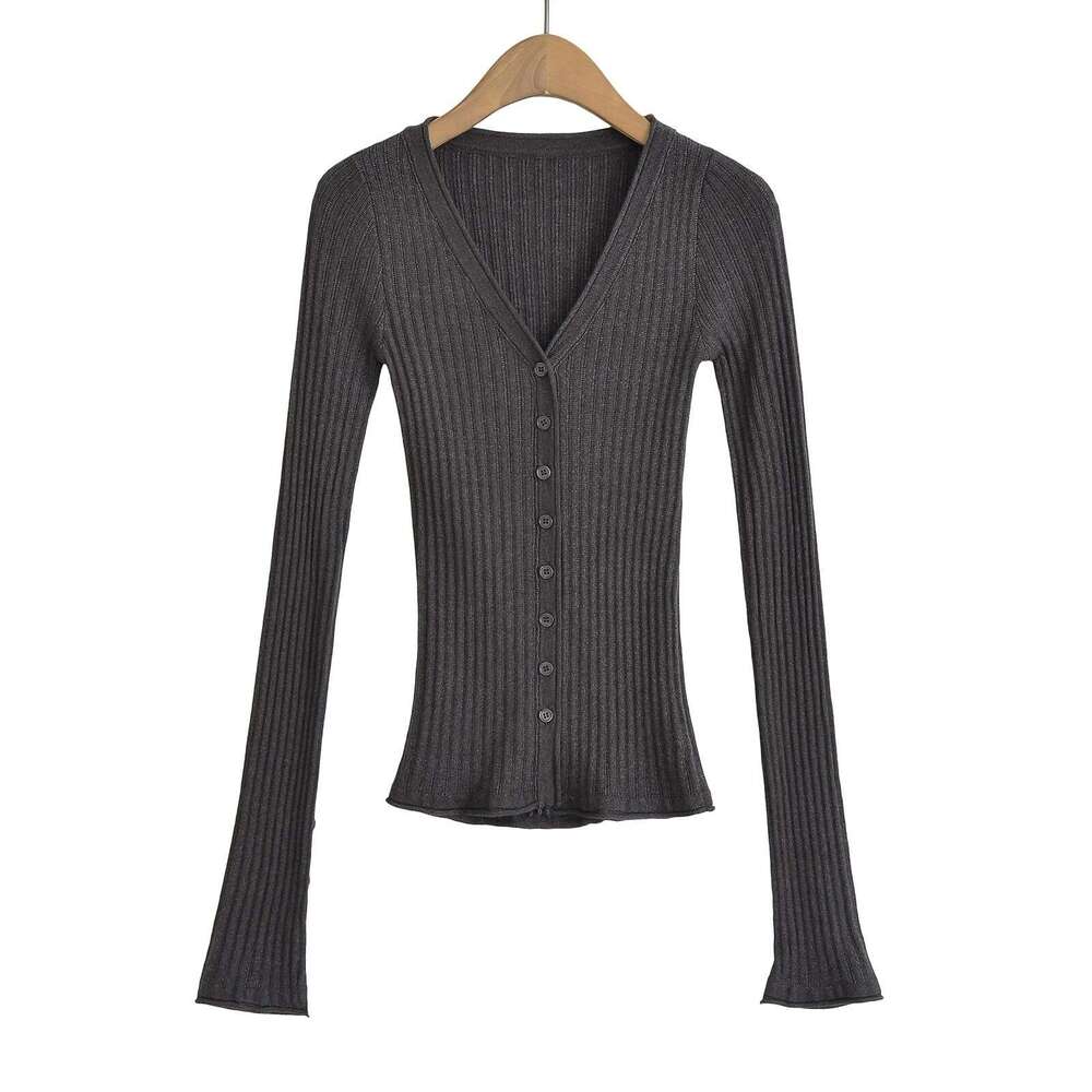 V-Neck Elegant Design Knitted Cardigan For Women Slim Fit Thin Base Shirt Early Autumn Top B5 g5