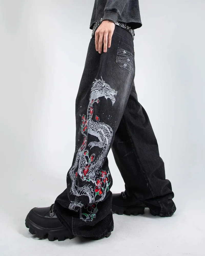 Y2K baggy jeans oversized vintage dragon embroidery pattern black jeans hip hop streetwear gothic Harajuku unisex wide leg pants 250716