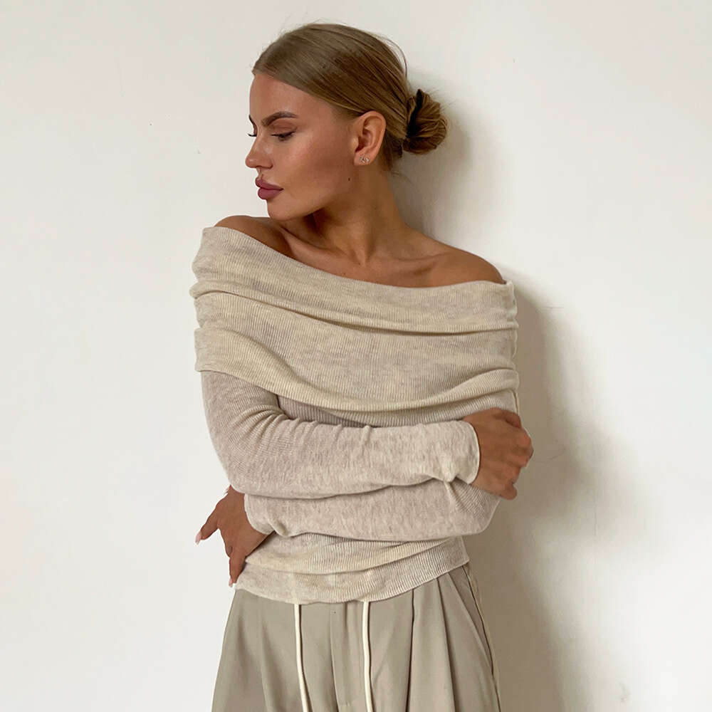 Spring Women's Sexy Slim Fit Solid Color Pullover Off-Shoulder Long Sleeve Knit Sweater B5