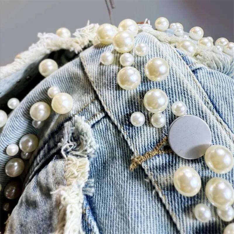 Autumn Women Vintage Light Blue Short Denim Pearl Beading Frayed Burrs Pocket Long Sleeve Jeans Jacket Coat Streetwear