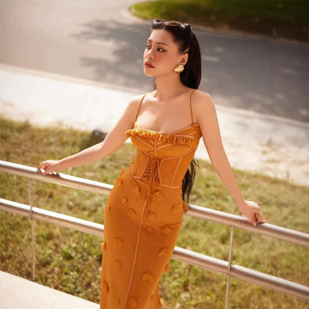 Spring Summer New Women's Vietnamese Niche Fishbone Strap Mesh Waist Slimming Floral Gown Long Dress B5