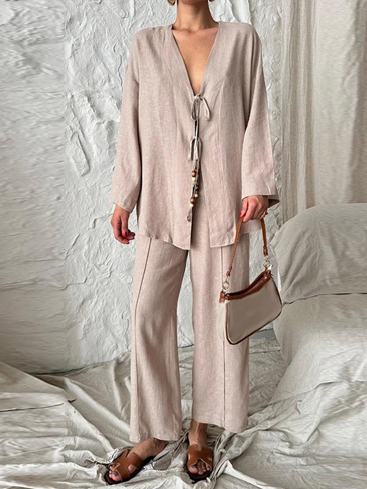 Casual Beading Lace Up Shirt Pants Set Women Loose V Neck String Long Sleeve Shirt Wide Leg Pant Autumn Chic Lady Outfit 250715