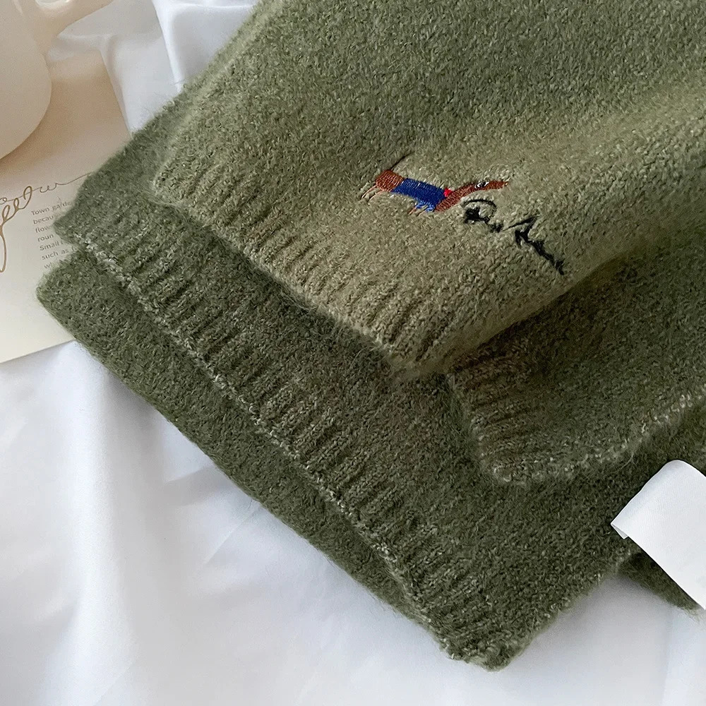 Korean Style Wool Knit Scarf for Women Winter Autumn Long Scarves Cute Dog Embroidery Shawl Wrap 250717