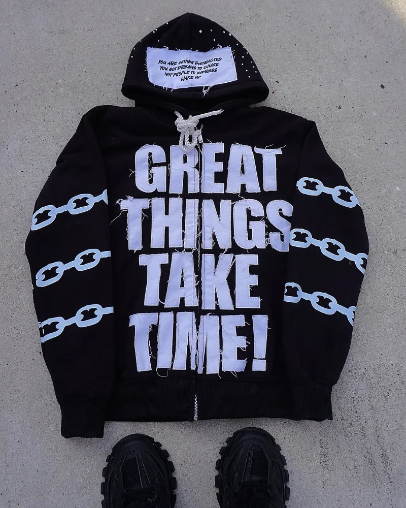 Punk Gothic original fashion men coat Y2K Alphabet patchwork Zipper hoodie Hip hop trend oversized sweatshirt 250716